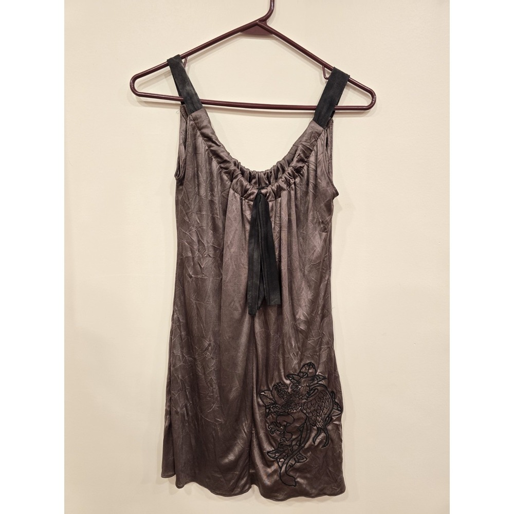 SALVAGE Satin Mini Dress Y2K Grunge Sz S Embroidered Whimsigoth‎ Brown